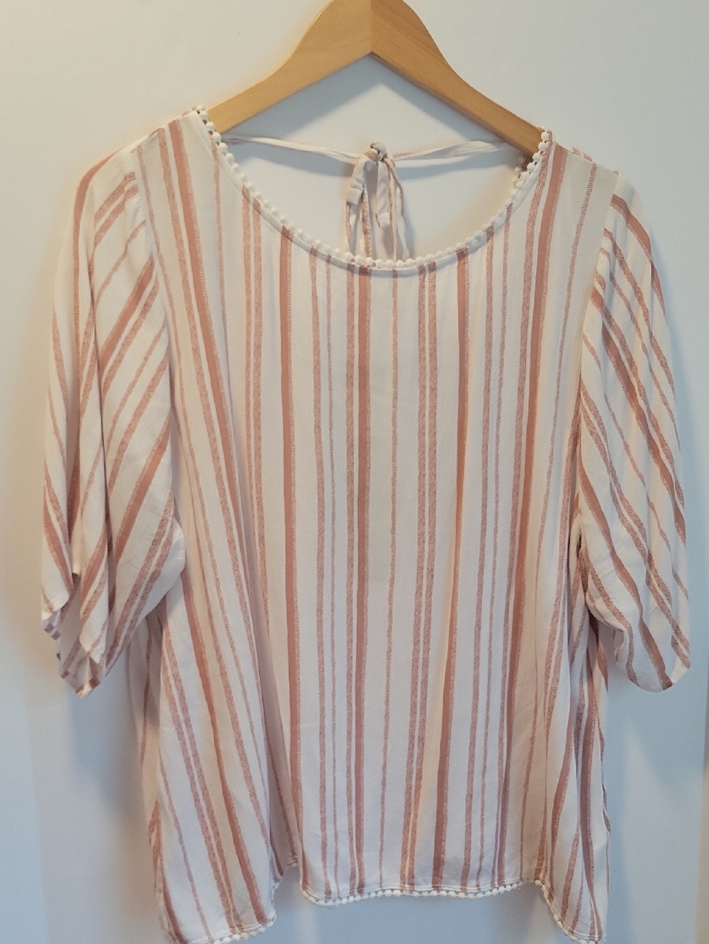 White & Terracotta Striped Peasant Top Size M Scoop Neck with Pom-pom Trim